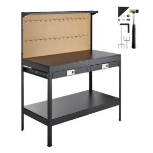 Hardwood Workbench, 242.5 lbs Weight Capacity, 47.2-inch Heavy Duty Workbench with Pegboard, 4 AC Outlets & 2 USB Ports, 4.9 ft Cable & 30 Hooks, Garage Work Bench with Drawer for Workshop