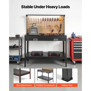 hardwood workbench, 242.5 lbs weight capacity, 47.2 inch heavy duty workbench with pegboard, 4 ac outlets & 2 usb ports, 4.9 ft cable & 30 hooks, garage work bench with drawer for workshop