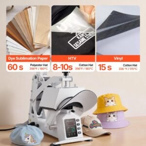 hat heat press machine, 8.5 x 4 in large heating plate, with caps stretcher, precise temperature & time control, heat press for hats and caps, for htv iron on and sublimation projects, white