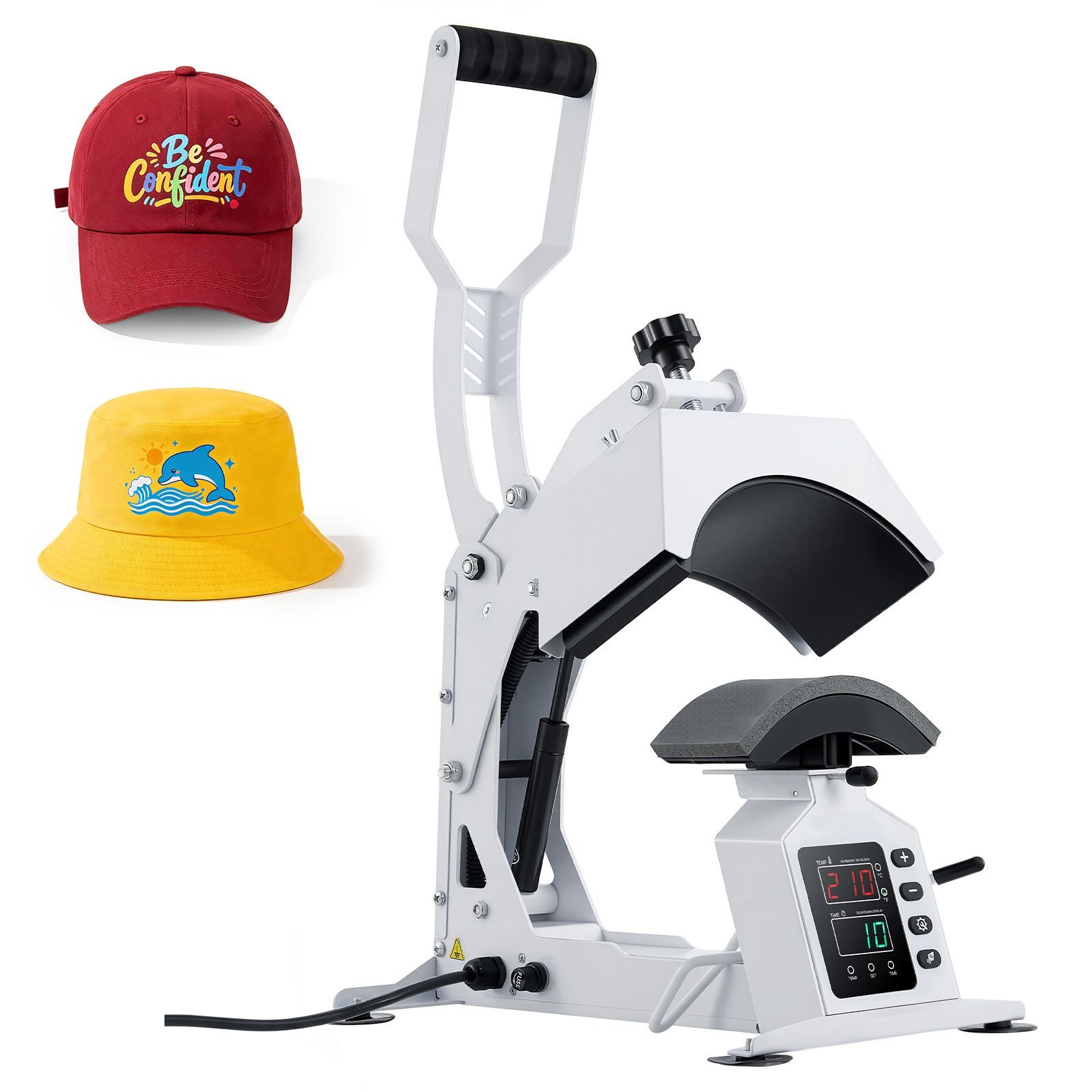 hat heat press machine, 8.5 x 4 in large heating plate, with caps stretcher, precise temperature & time control, heat press for hats and caps, for htv iron on and sublimation projects, white