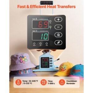 hat heat press machine, with 2 interchangeable platens and caps stretcher, precise temperature & time control, heat press for hats and caps, for htv iron on and sublimation projects, light blue