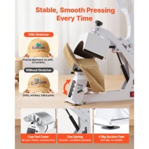 hat heat press machine, with 2 interchangeable platens and caps stretcher, precise temperature & time control, heat press for hats and caps, for htv iron on and sublimation projects, white