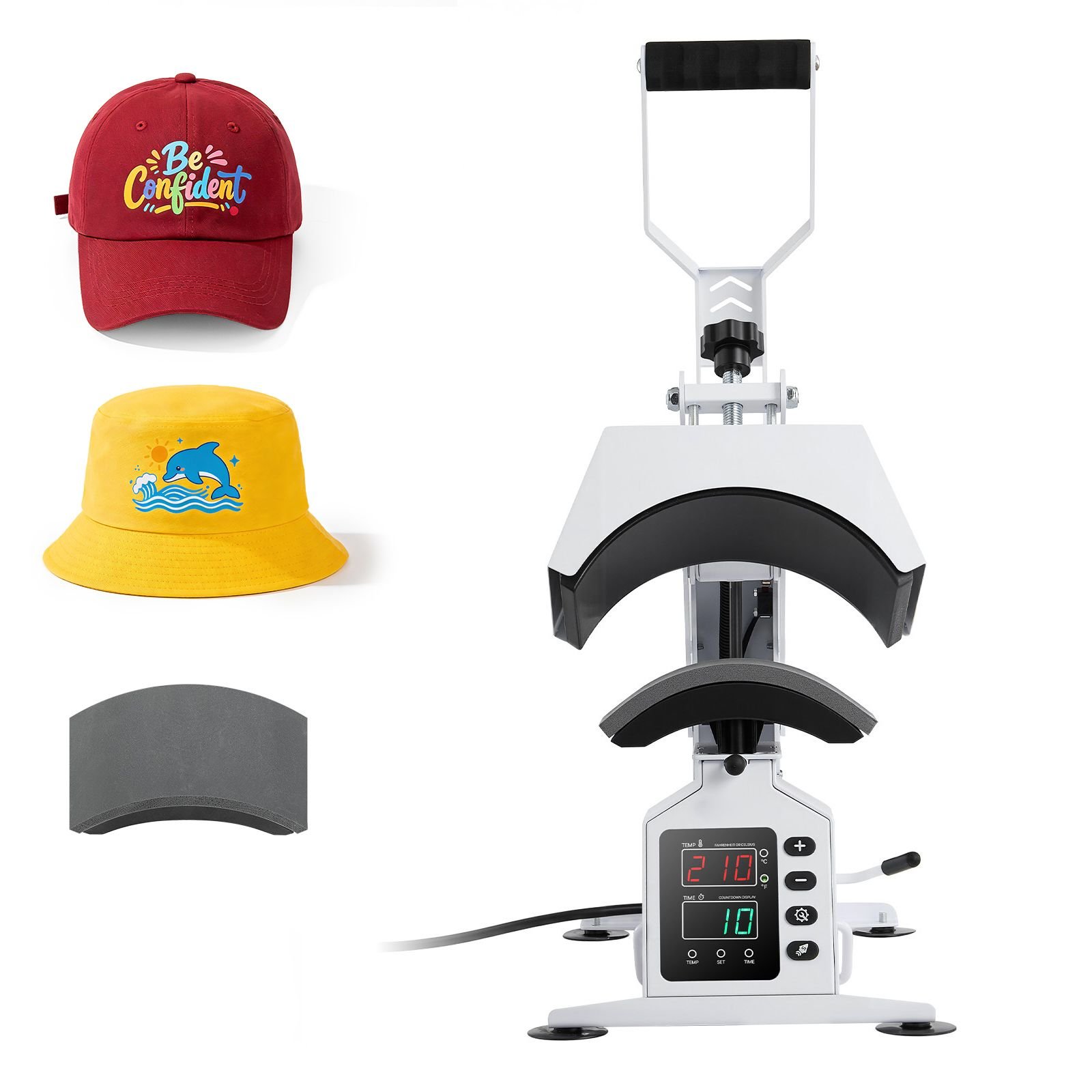 hat heat press machine, with 2 interchangeable platens and caps stretcher, precise temperature & time control, heat press for hats and caps, for htv iron on and sublimation projects, white
