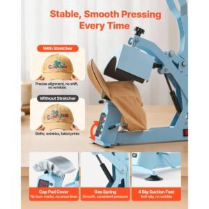 hat heat press machine, with 4 interchangeable platens and caps stretcher, precise temperature & time control, heat press for hats and caps, for htv iron on and sublimation projects, light blue