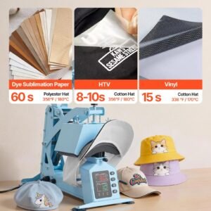 hat heat press machine, with 4 interchangeable platens and caps stretcher, precise temperature & time control, heat press for hats and caps, for htv iron on and sublimation projects, light blue