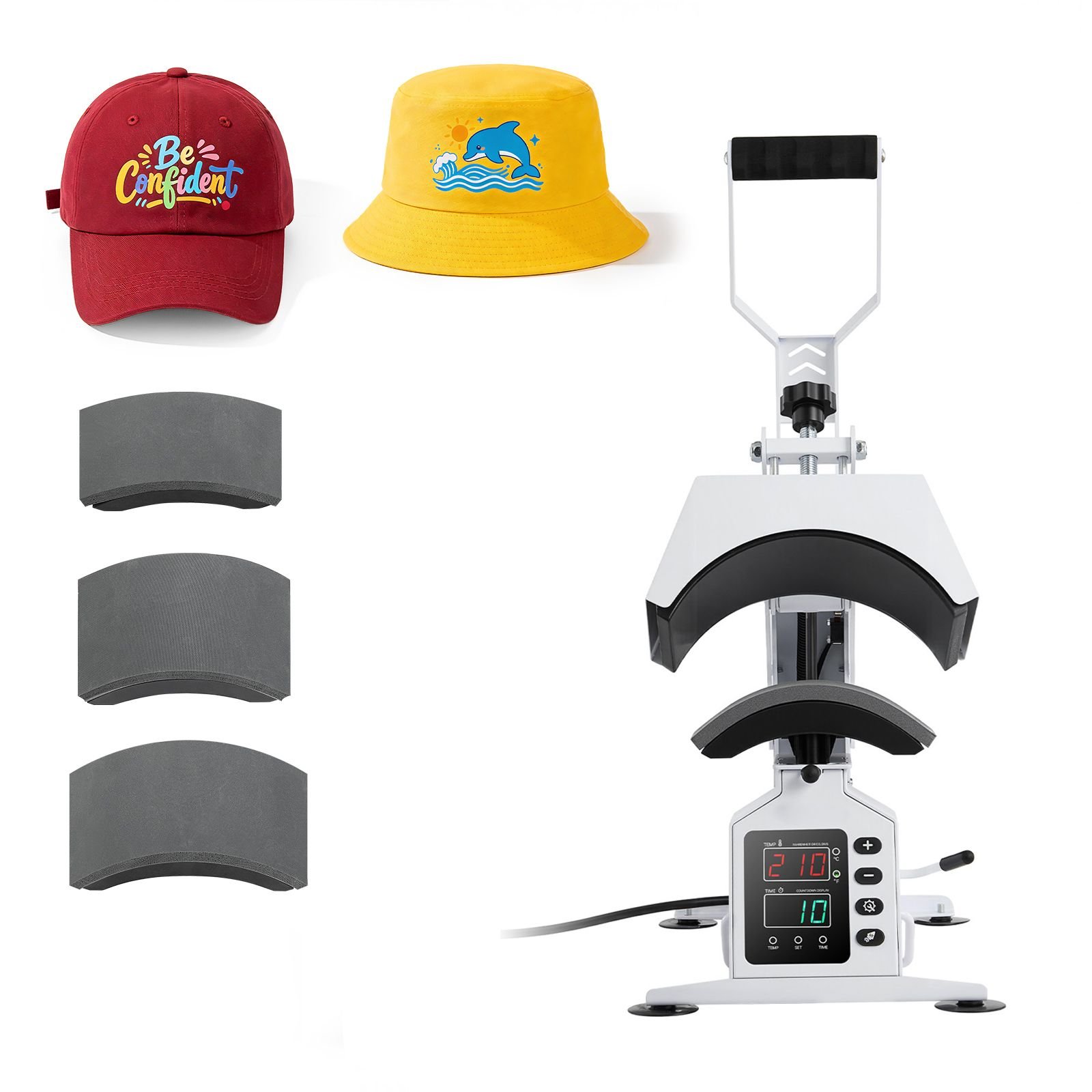hat heat press machine, with 4 interchangeable platens and caps stretcher, precise temperature & time control, heat press for hats and caps, for htv iron on and sublimation projects, white