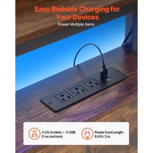 headboard for full size bed, with 2 storage shelves, led light, 3 outlets, and 3 usb ports, sturdy and stable carbon steel frame head board with charging station, adjustable height, black