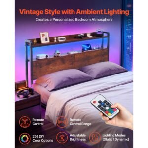 headboard for full size bed, with 2 storage shelves, led light, 3 outlets, and 3 usb ports, sturdy and stable carbon steel frame head board with charging station, adjustable height, black