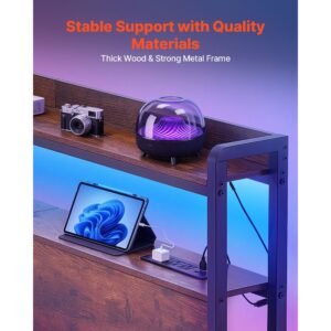 headboard for full size bed, with 2 storage shelves, led light, 3 outlets, and 3 usb ports, sturdy and stable carbon steel frame head board with charging station, adjustable height, black
