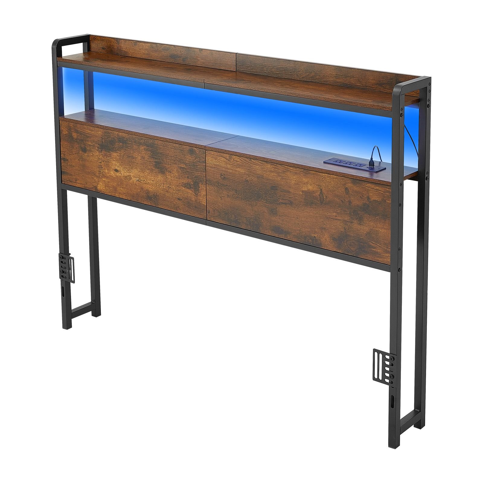 headboard for full size bed, with 2 storage shelves, led light, 3 outlets, and 3 usb ports, sturdy and stable carbon steel frame head board with charging station, adjustable height, black