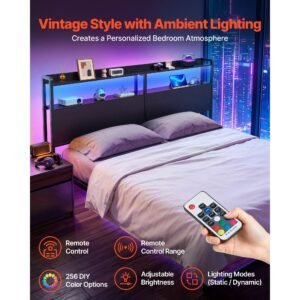 headboard for king size bed, with 2 storage shelves, led light, 3 outlets, and 3 usb ports, sturdy and stable carbon steel frame head board with charging station, adjustable height, black