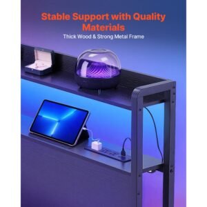 headboard for king size bed, with 2 storage shelves, led light, 3 outlets, and 3 usb ports, sturdy and stable carbon steel frame head board with charging station, adjustable height, black