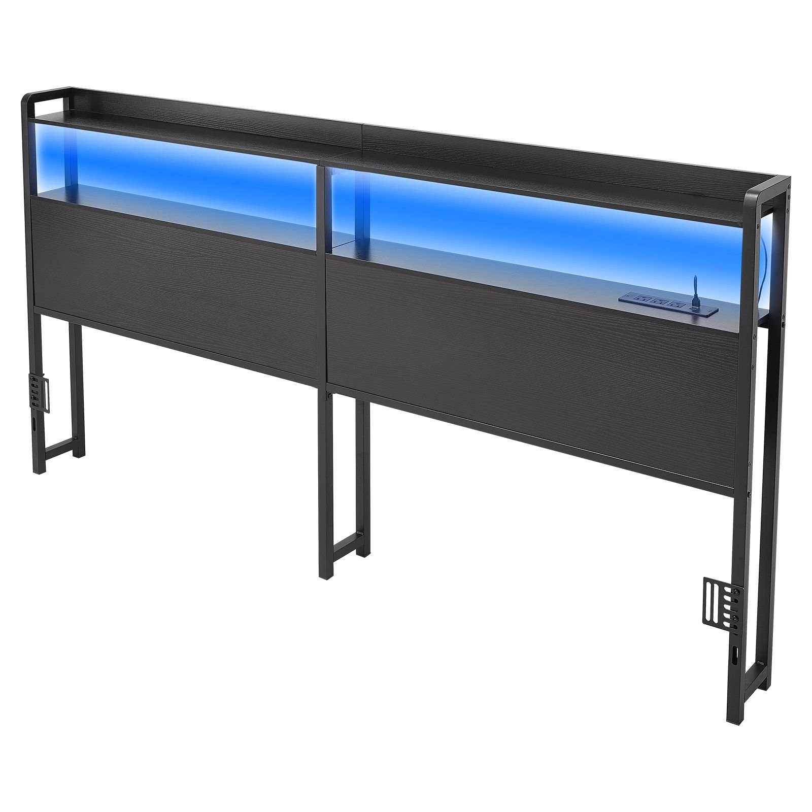headboard for king size bed, with 2 storage shelves, led light, 3 outlets, and 3 usb ports, sturdy and stable carbon steel frame head board with charging station, adjustable height, black