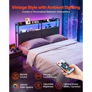 headboard for queen size bed, with 2 storage shelves, led light, 3 outlets, and 3 usb ports, sturdy and stable carbon steel frame head board with charging station, adjustable height, black