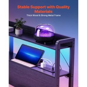 headboard for queen size bed, with 2 storage shelves, led light, 3 outlets, and 3 usb ports, sturdy and stable carbon steel frame head board with charging station, adjustable height, black