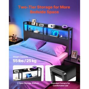 headboard for queen size bed, with 2 storage shelves, led light, 3 outlets, and 3 usb ports, sturdy and stable carbon steel frame head board with charging station, adjustable height, black