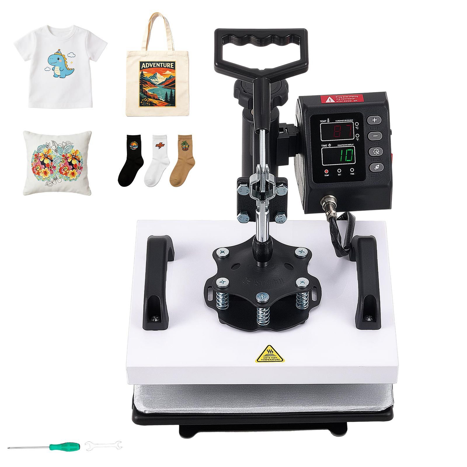 heat press machine 12 x 10 in sublimation press machine swing away, heat up fast and even, digital precise time and temperature control, for t shirts, canvas tote bag, pillowcases, socks