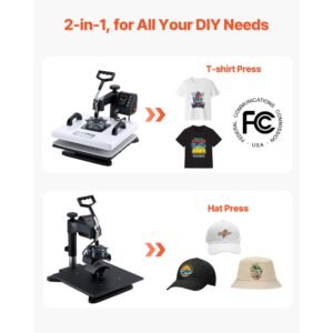 heat press machine, 15 x 15 in, 2 in 1 multifunction, 360° swing away, 1200w double tube fast and even heating, digital precise control, sublimation press machine for t shirts, hats, caps