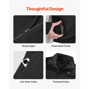 heated fleece jacket for men, heated sweatshirt with 7.4v 16000mah rechargeable power bank pack, 6 heating zones, 3 temp levels, 3h/6h/10h warmth, for winter outdoor camping, black, xl size
