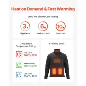 heated fleece jacket for men, heated sweatshirt with 7.4v 16000mah rechargeable power bank pack, 6 heating zones, 3 temp levels, 3h/6h/10h warmth, for winter outdoor camping, black, xxl size