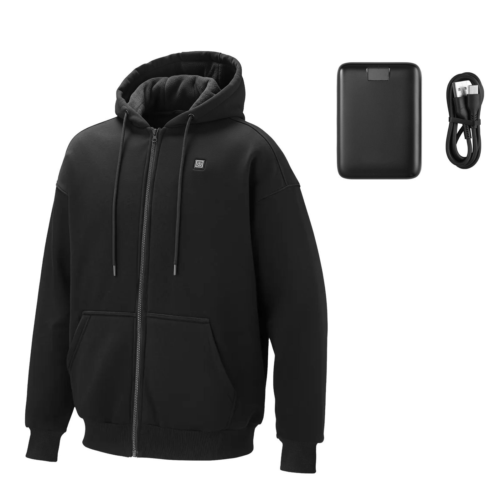 heated jacket hoodie for men women, heated sweatshirt unisex full zip with 7.4v 16000mah power bank pack, 5 heating zones, 3 temp levels, 4 8h warmth, for winter outdoor camping, black, l size