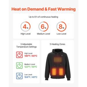 heated jacket hoodie for men women, heated sweatshirt unisex full zip with 7.4v 16000mah power bank pack, 5 heating zones, 3 temp levels, 4 8h warmth, for winter outdoor camping, black, xxl size
