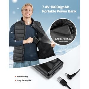 heated vest, men electric heating vest with 16000 mah battery pack, 8 heating zones lightweight rechargeable winter vest with 3 levels, for outdoor hiking camping fishing skiing, size m