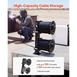 heavy duty double welding cable reel, welding cable lead reels for 150ft 1/0 & 125ft 2/0 cable, powder coated steel reel with locking pin for service trucks, fleet maintenance, jobsites