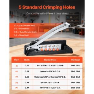 heavy duty ferrule hose crimper, standard bench hose crimping tool with 100pcs ferrules (0.593" & 0.625" id), 0.44" 0.63" crimping range for pvc, rubber & air hoses, torch hoses repair kit