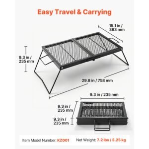 heavy duty folding campfire grill, 24" portable camping grill grate, sturdy steel mesh, compact equipment over fire pit, with legs and handle, grilling rack for outdoor open flame cooking, black