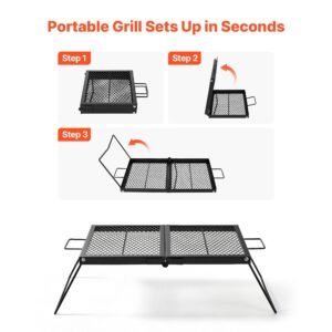 heavy duty folding campfire grill, 24" portable camping grill grate, sturdy steel mesh, compact equipment over fire pit, with legs and handle, grilling rack for outdoor open flame cooking, black