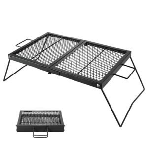 Heavy Duty Folding Campfire Grill, 24" Portable Camping Grill Grate, Sturdy Steel Mesh, Compact Equipment Over Fire Pit, with Legs and Handle, Grilling Rack for Outdoor Open Flame Cooking, Black