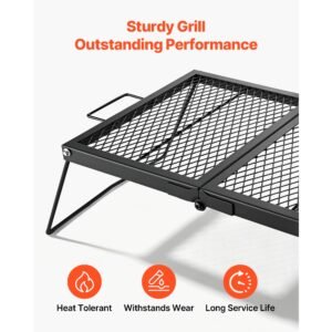 heavy duty folding campfire grill, 24" portable camping grill grate, sturdy steel mesh, compact equipment over fire pit, with legs and handle, grilling rack for outdoor open flame cooking, black