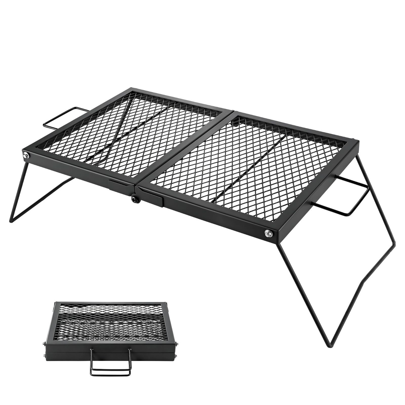 heavy duty folding campfire grill, 24" portable camping grill grate, sturdy steel mesh, compact equipment over fire pit, with legs and handle, grilling rack for outdoor open flame cooking, black