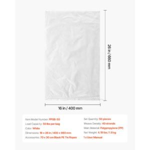 heavy duty sand bags, 50pack 14" x 26", empty sandbags for flooding with tie strings, woven polypropylene sand bag with 1600 hours of uv protection, 50lbs capacity