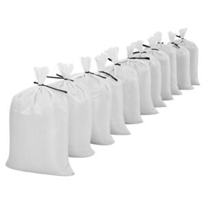 heavy duty sand bags, 50pack 14" x 26", empty sandbags for flooding with tie strings, woven polypropylene sand bag with 1600 hours of uv protection, 50lbs capacity