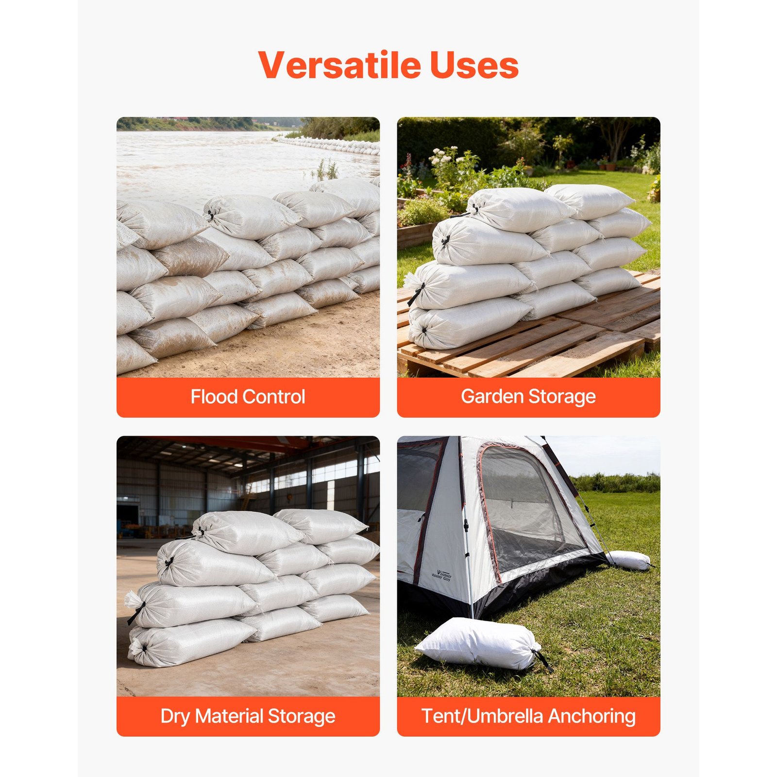 heavy duty sand bags, 50pack 14" x 26", empty sandbags for flooding with tie strings, woven polypropylene sand bag with 1600 hours of uv protection, 50lbs capacity