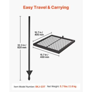 heavy duty swivel campfire grill, 16" portable camping grill grate, sturdy steel bbq mesh, 360° height adjustable over fire pit equipment with carrying bag, for outdoor open flame cooking, black