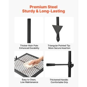 heavy duty swivel campfire grill, 16" portable camping grill grate, sturdy steel bbq mesh, 360° height adjustable over fire pit equipment with carrying bag, for outdoor open flame cooking, black