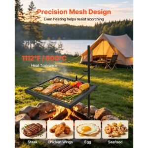 heavy duty swivel campfire grill, 16" portable camping grill grate, sturdy steel bbq mesh, 360° height adjustable over fire pit equipment with carrying bag, for outdoor open flame cooking, black
