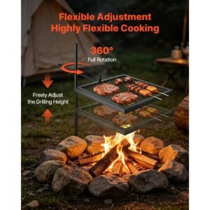 heavy duty swivel campfire grill, 16" portable camping grill grate, sturdy steel bbq mesh, 360° height adjustable over fire pit equipment with carrying bag, for outdoor open flame cooking, black