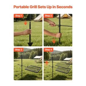 heavy duty swivel campfire grill, 16" portable camping grill grate, sturdy steel bbq mesh, 360° height adjustable over fire pit equipment with carrying bag, for outdoor open flame cooking, black