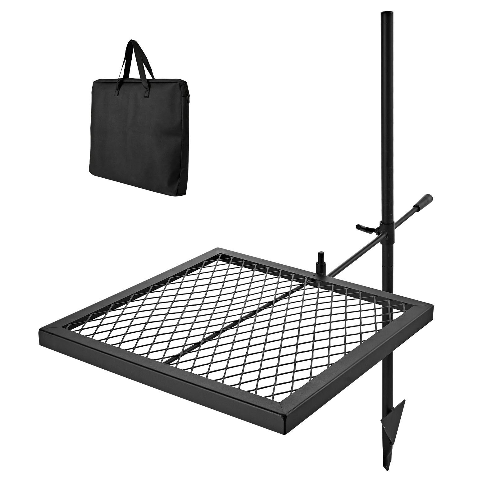 heavy duty swivel campfire grill, 16" portable camping grill grate, sturdy steel bbq mesh, 360° height adjustable over fire pit equipment with carrying bag, for outdoor open flame cooking, black