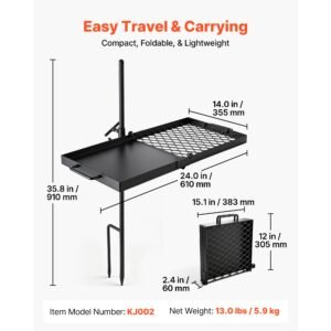 heavy duty swivel campfire grill, 24" portable camping grill grate & griddle, sturdy steel bbq mesh, 360° height adjustable over fire pit equipment, for outdoor open flame cooking, black