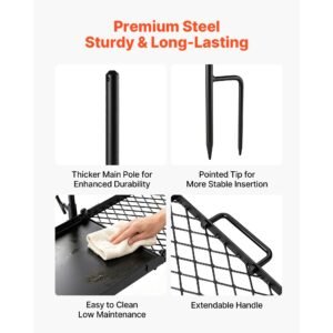 heavy duty swivel campfire grill, 24" portable camping grill grate & griddle, sturdy steel bbq mesh, 360° height adjustable over fire pit equipment, for outdoor open flame cooking, black