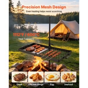 heavy duty swivel campfire grill, 24" portable camping grill grate & griddle, sturdy steel bbq mesh, 360° height adjustable over fire pit equipment, for outdoor open flame cooking, black