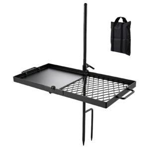 Heavy Duty Swivel Campfire Grill, 24" Portable Camping Grill Grate & Griddle, Sturdy Steel BBQ Mesh, 360° Height Adjustable Over Fire Pit Equipment, for Outdoor Open Flame Cooking, Black