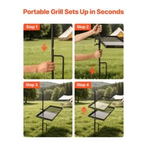 heavy duty swivel campfire grill, 24" portable camping grill grate & griddle, sturdy steel bbq mesh, 360° height adjustable over fire pit equipment, for outdoor open flame cooking, black
