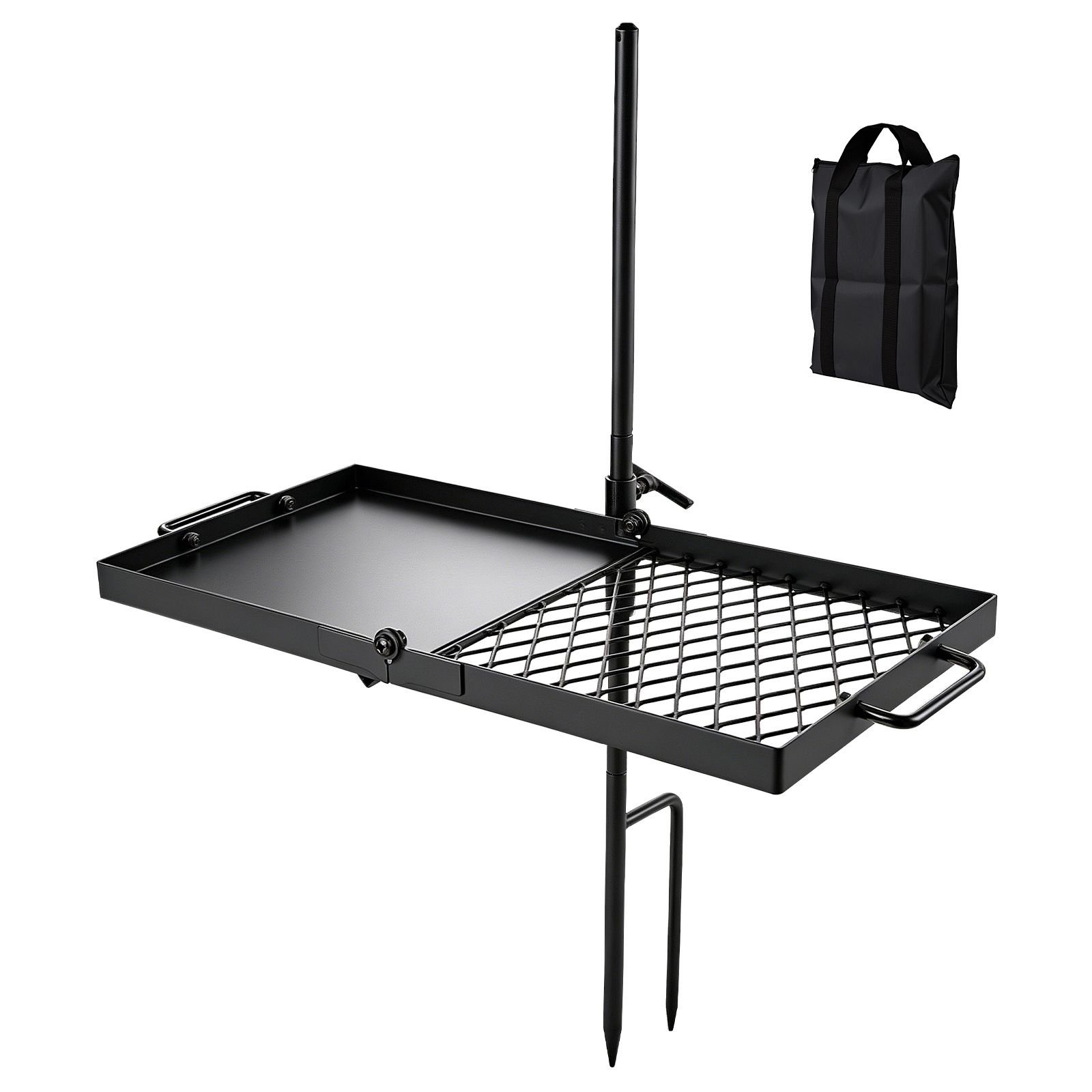 heavy duty swivel campfire grill, 24" portable camping grill grate & griddle, sturdy steel bbq mesh, 360° height adjustable over fire pit equipment, for outdoor open flame cooking, black