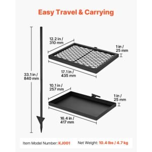 heavy duty swivel campfire grill, double layer portable camping grill grate & griddle, sturdy steel bbq mesh, 360° height adjustable over fire pit, for outdoor open flame cooking, black